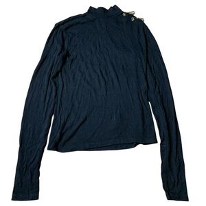 AMISU Black Ribbed Mock Neck Top with Gold Safety Pin Hardware - XS